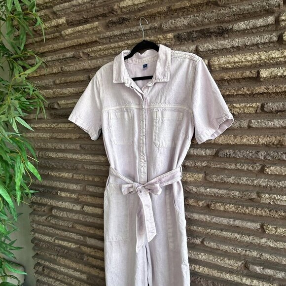 Old Navy Lavender Denim Jean Belted Coveralls Jumpsuit Size Large - Picture 10 of 11